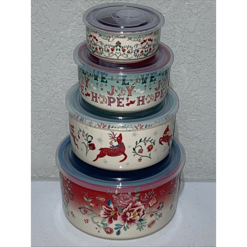 Pioneer Woman Nesting Bowls Set Of 4 + Lids Bake & Store Ceramic Floral Holiday
